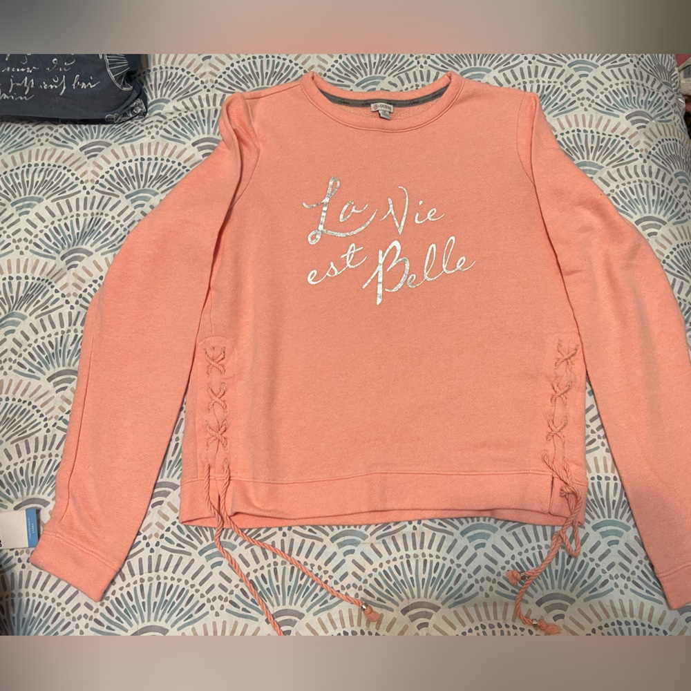 Guess Women’s La Vie est Belle Coral Sweatshirt with Silver Accents